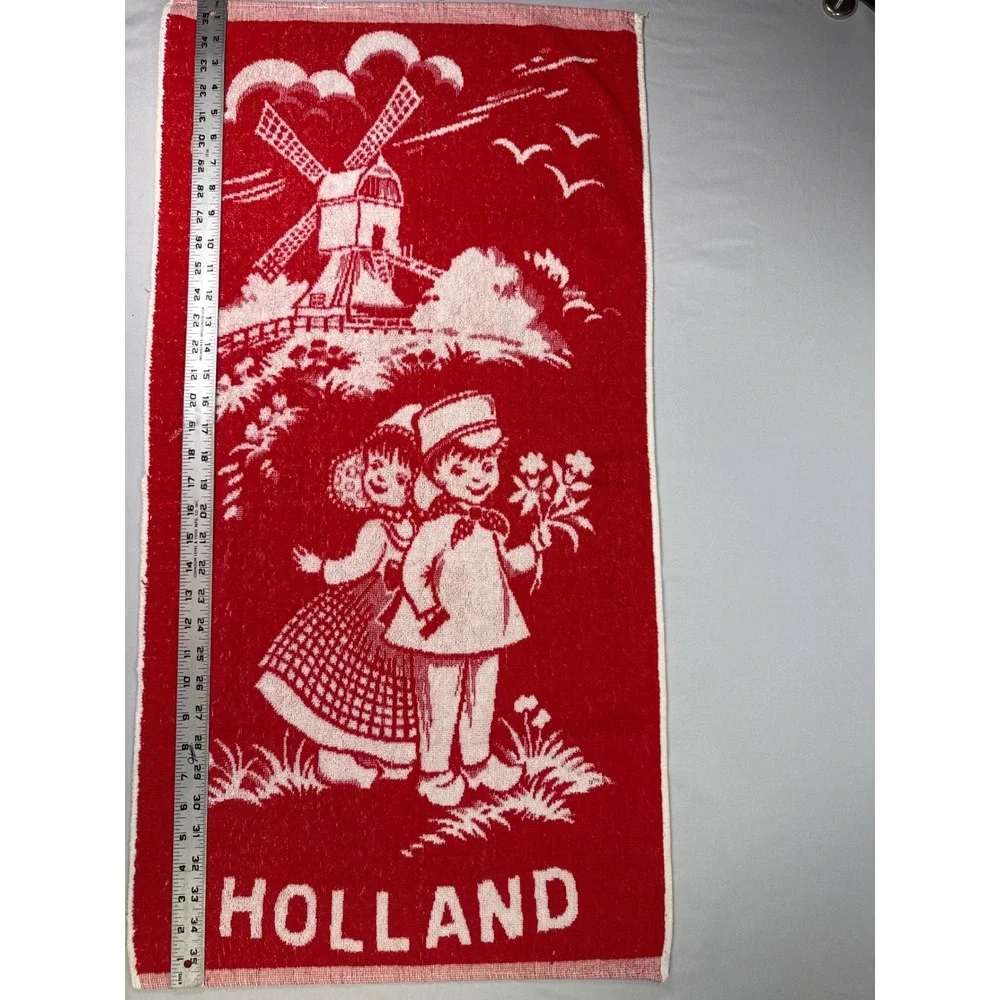 Vintage Wevo Lux Holland Souvenir Tea Towel Red White Dutch Boy Girl Windmill
